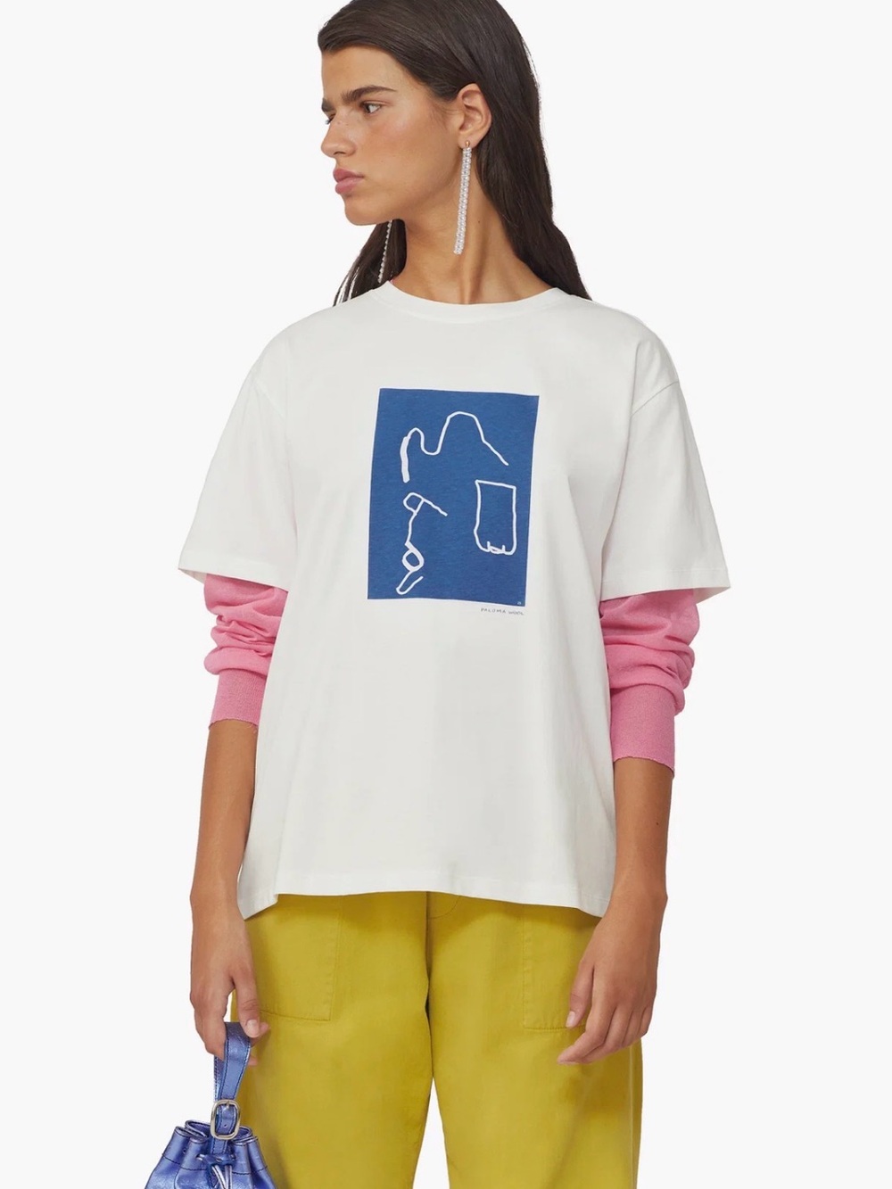 Paloma Wool White Tee with Navy Line Art Size L